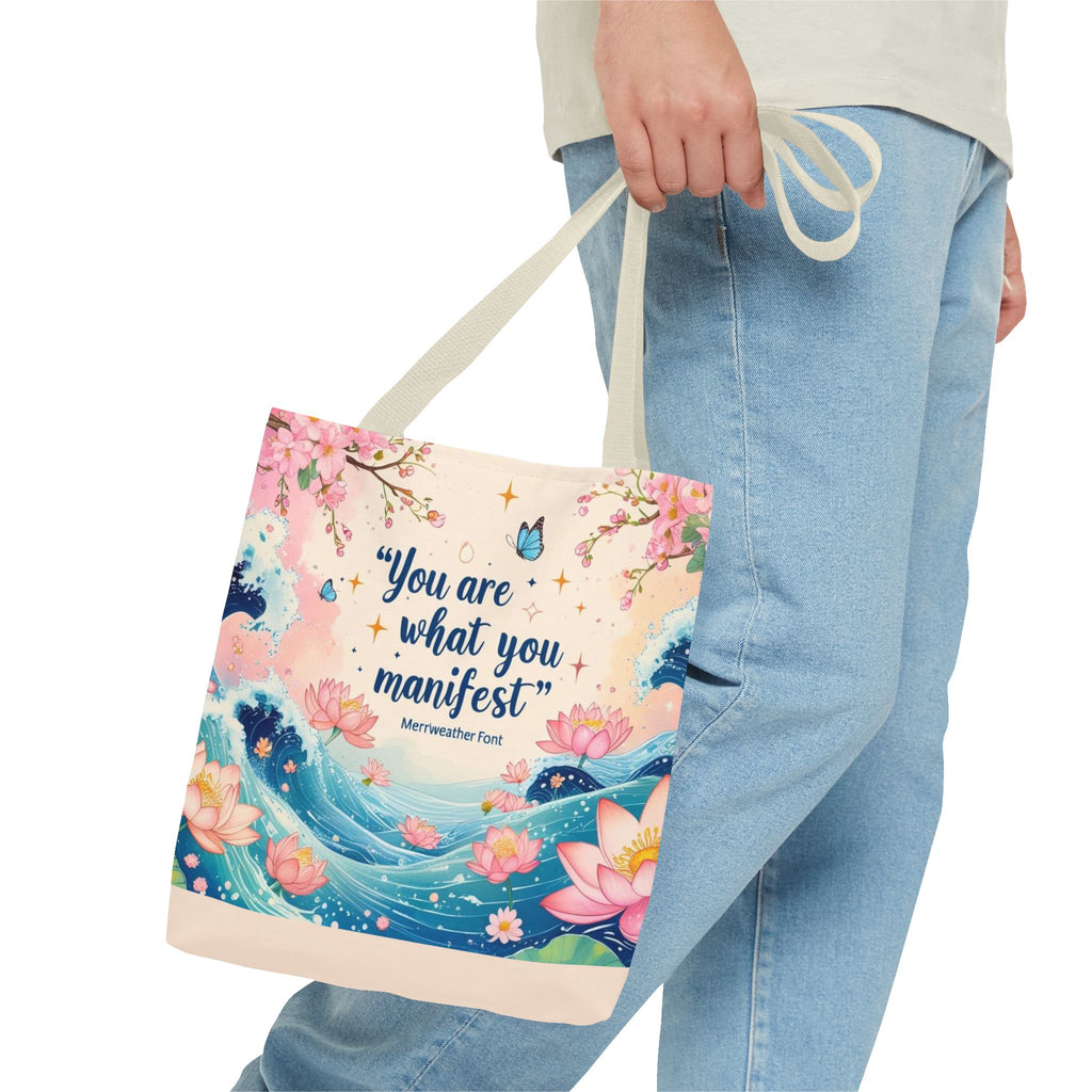 Manifestation Tote Bag, Inspirational Tote, Floral Design Bag, Motivational Carryall, Gift for Her, Boho Chic Shopping Bag