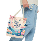 Manifestation Tote Bag, Inspirational Tote, Floral Design Bag, Motivational Carryall, Gift for Her, Boho Chic Shopping Bag