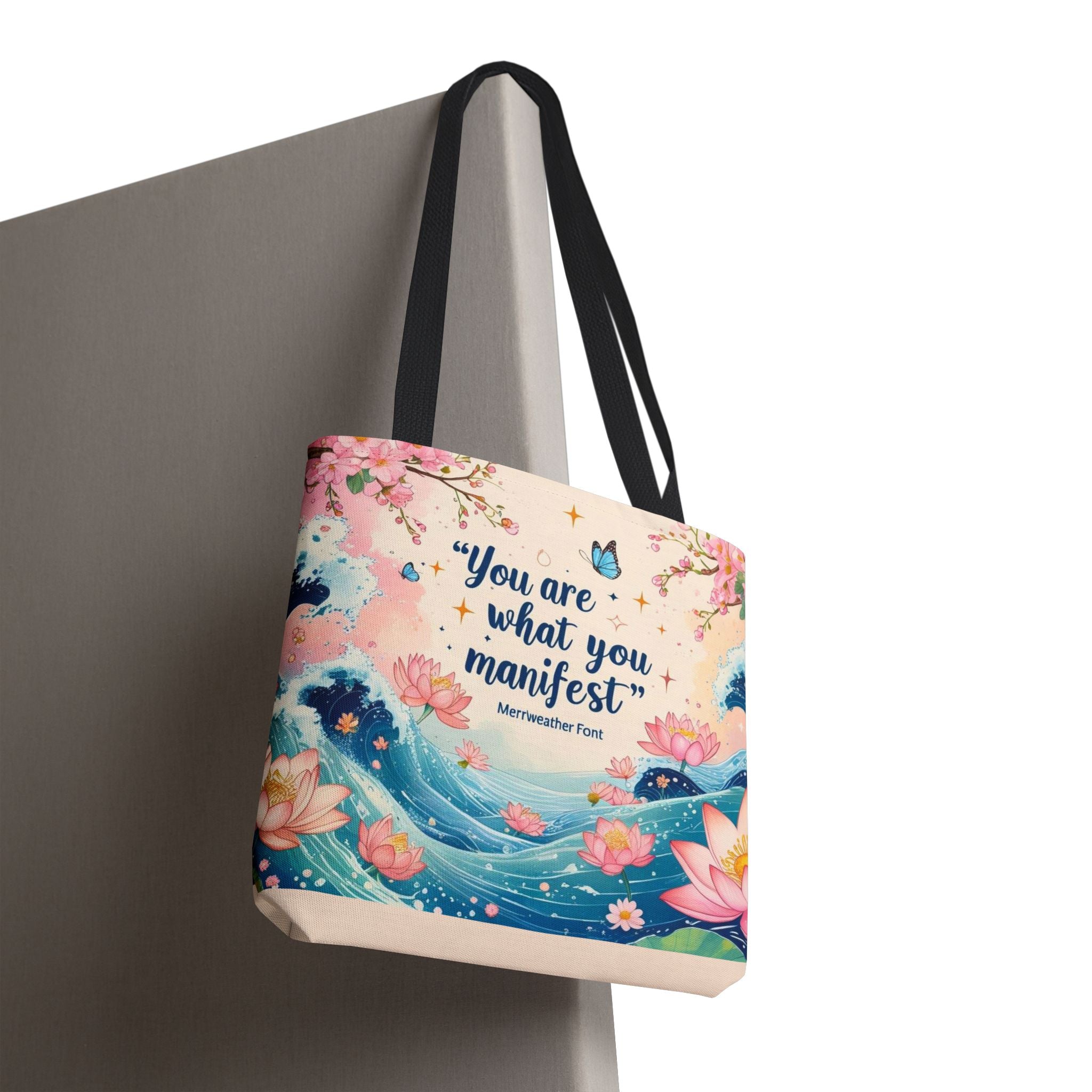 Manifestation Tote Bag, Inspirational Tote, Floral Design Bag, Motivational Carryall, Gift for Her, Boho Chic Shopping Bag