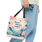 Manifestation Tote Bag, Inspirational Tote, Floral Design Bag, Motivational Carryall, Gift for Her, Boho Chic Shopping Bag