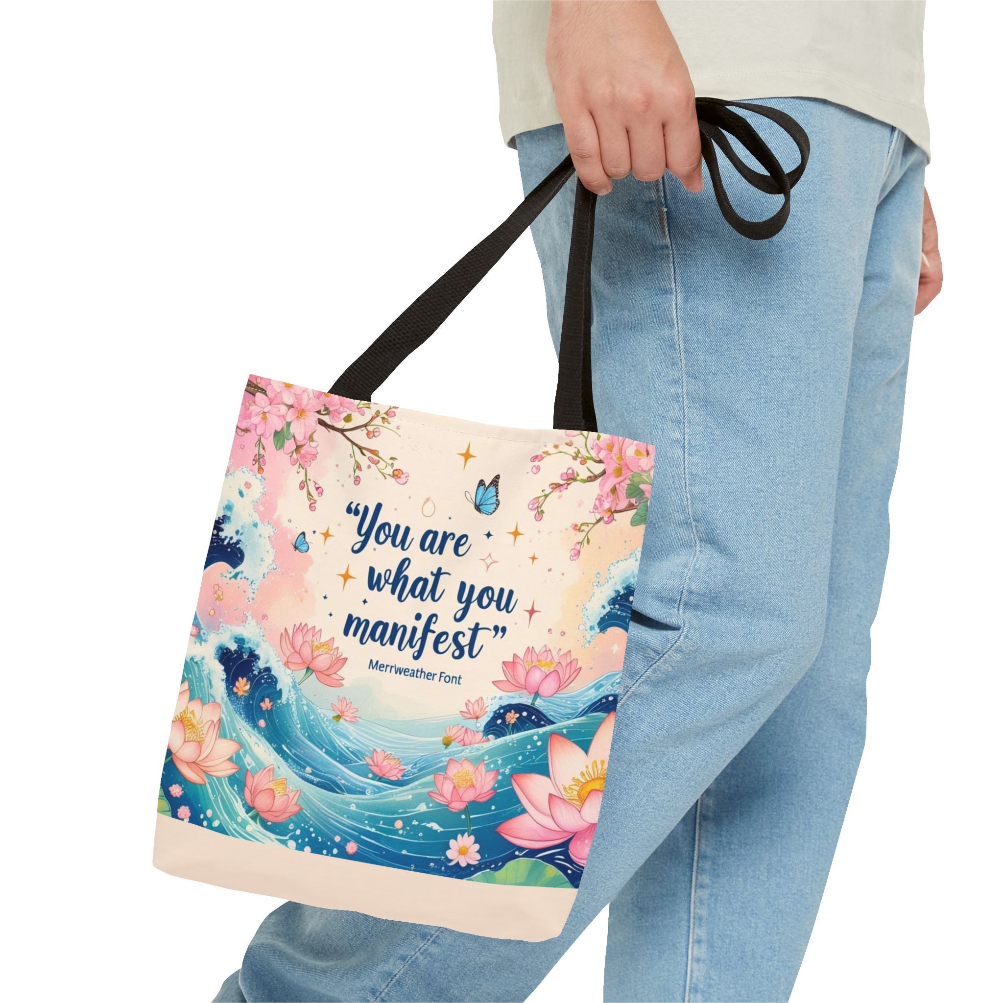 Manifestation Tote Bag, Inspirational Tote, Floral Design Bag, Motivational Carryall, Gift for Her, Boho Chic Shopping Bag