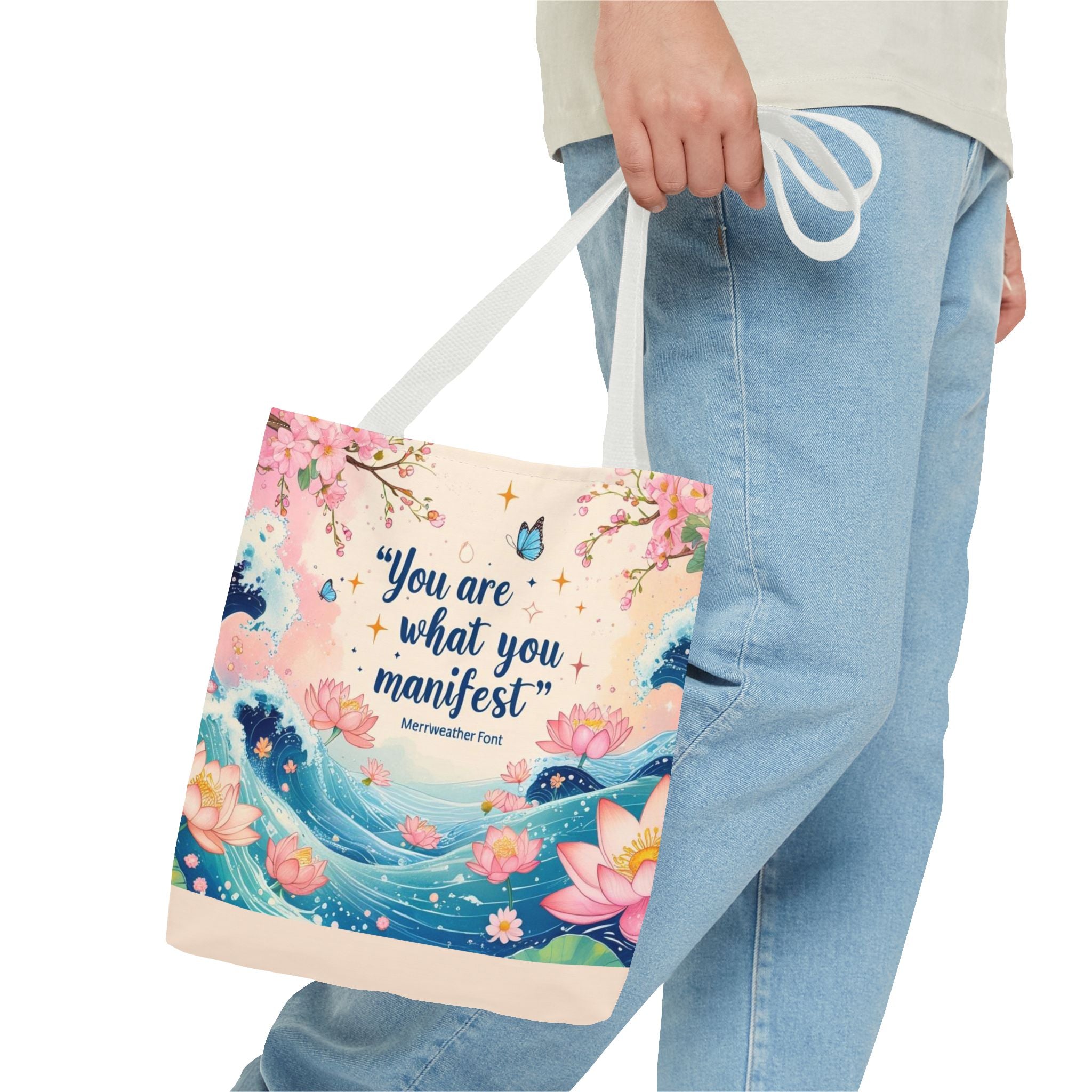 Manifestation Tote Bag, Inspirational Tote, Floral Design Bag, Motivational Carryall, Gift for Her, Boho Chic Shopping Bag