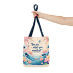 Manifestation Tote Bag, Inspirational Tote, Floral Design Bag, Motivational Carryall, Gift for Her, Boho Chic Shopping Bag