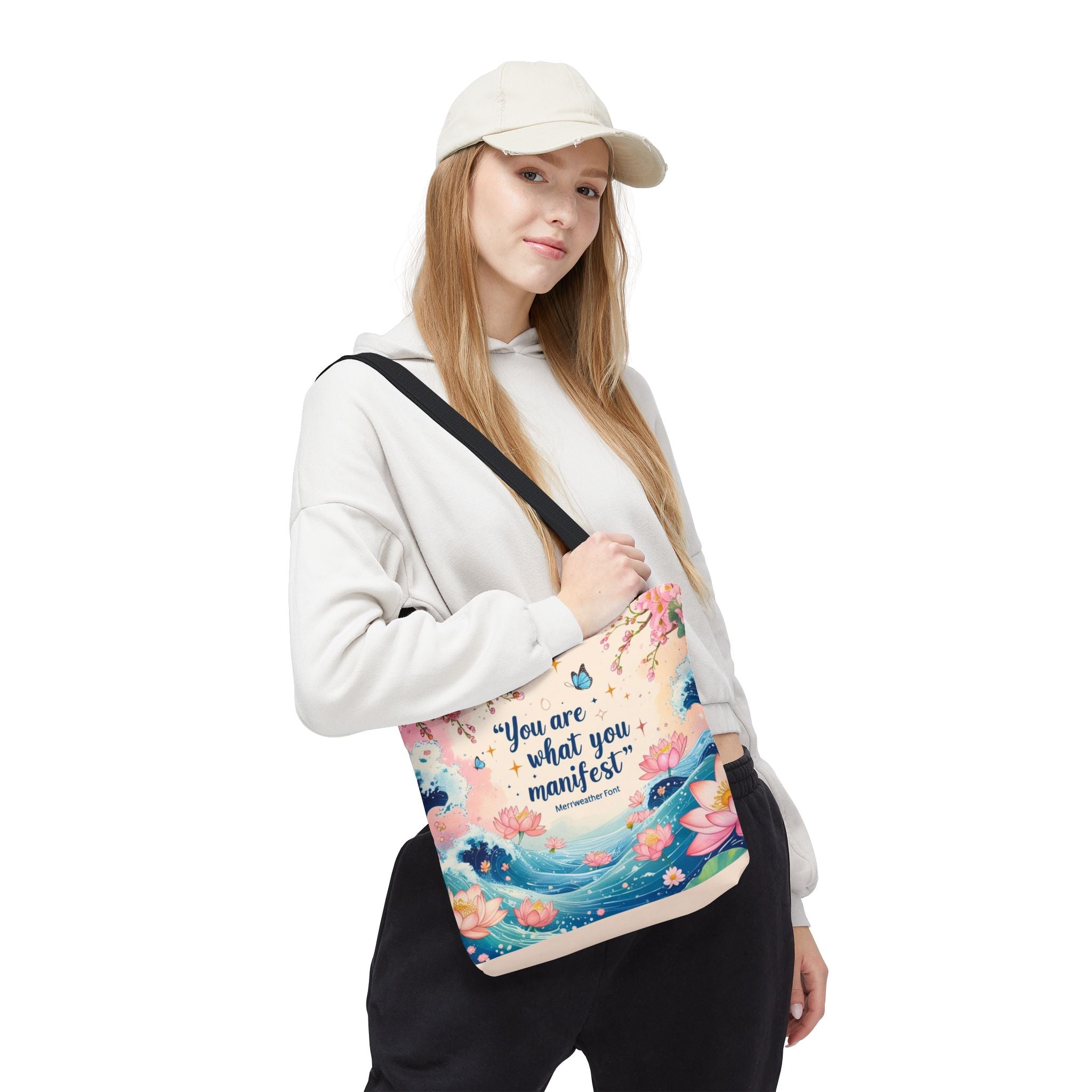 Manifestation Tote Bag, Inspirational Tote, Floral Design Bag, Motivational Carryall, Gift for Her, Boho Chic Shopping Bag